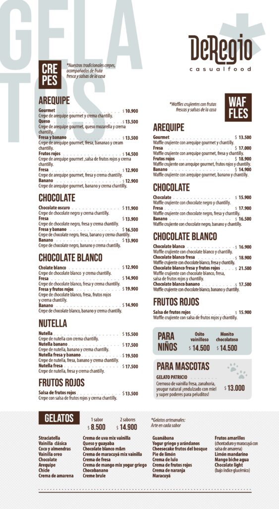 Carta Gelatos DeRegio Ibagué Helados