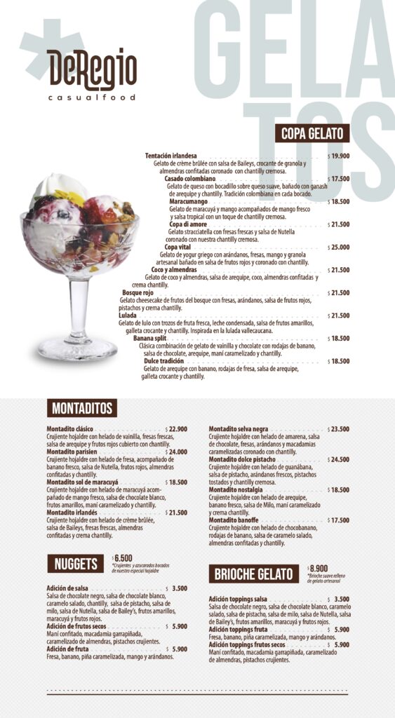 Carta Gelatos DeRegio Ibagué Helados