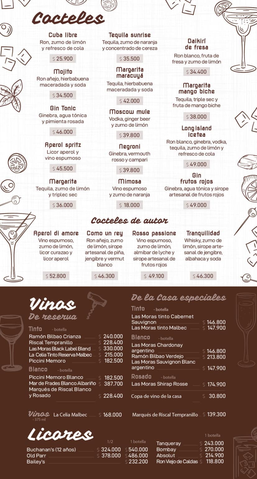 Carta Bebidas Paz Restaurante Ibagué, Villavicencio, Neiva