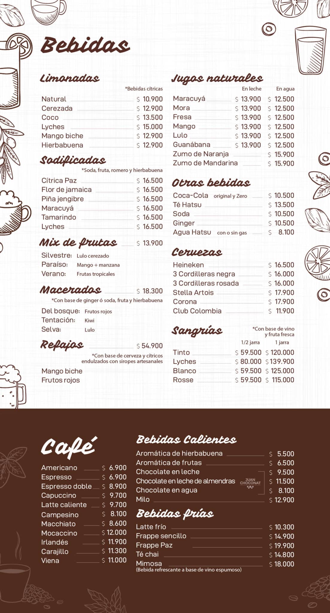 Carta Bebidas Paz Restaurante Ibagué, Villavicencio, Neiva