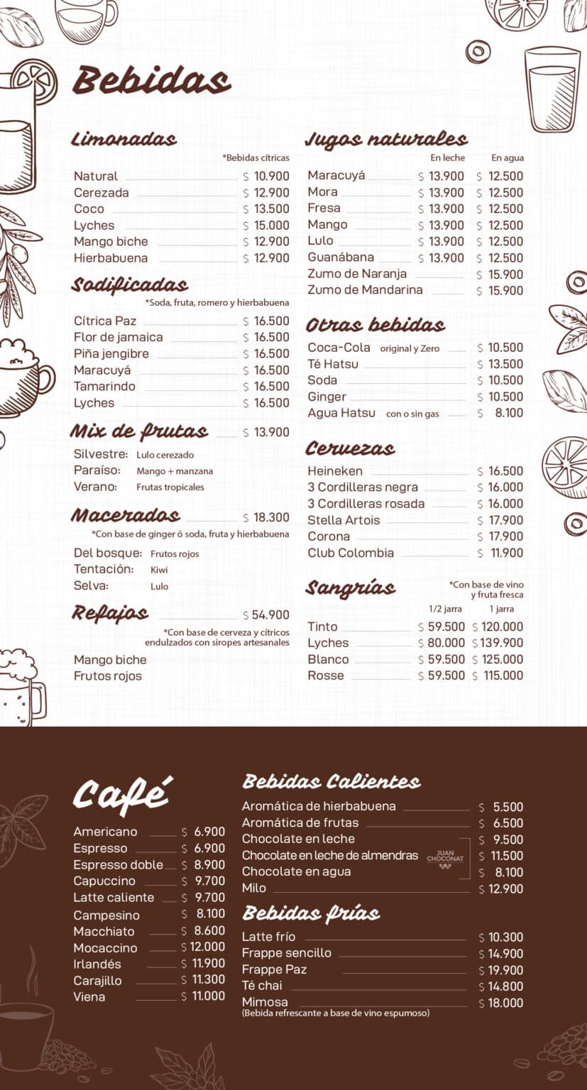 Carta Bebidas Paz Restaurante Ibagué, Villavicencio, Neiva