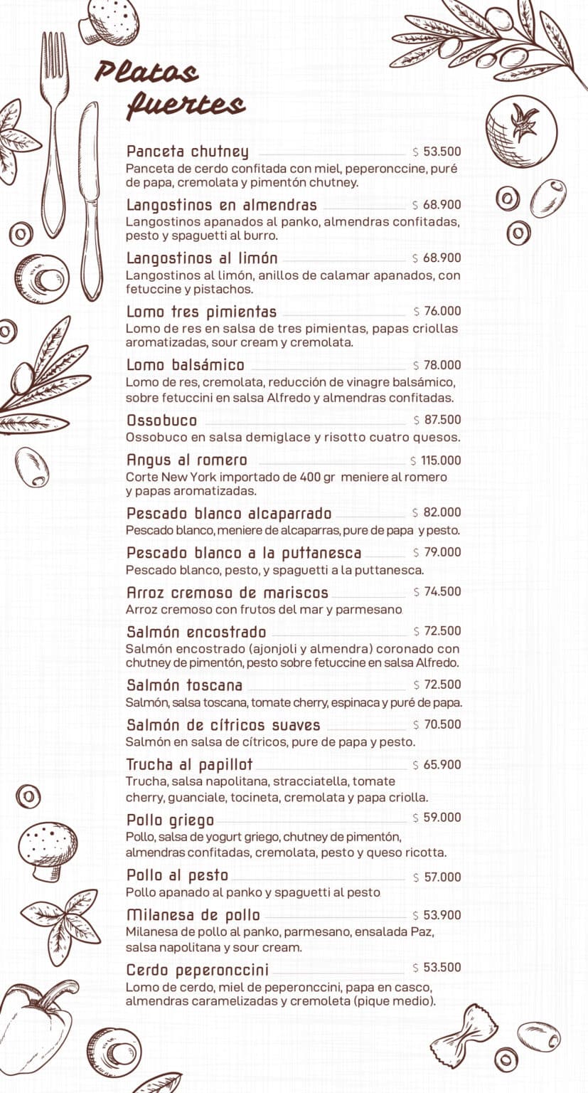 Carta Paz Restaurante Ibagué, Villavicencio, Neiva