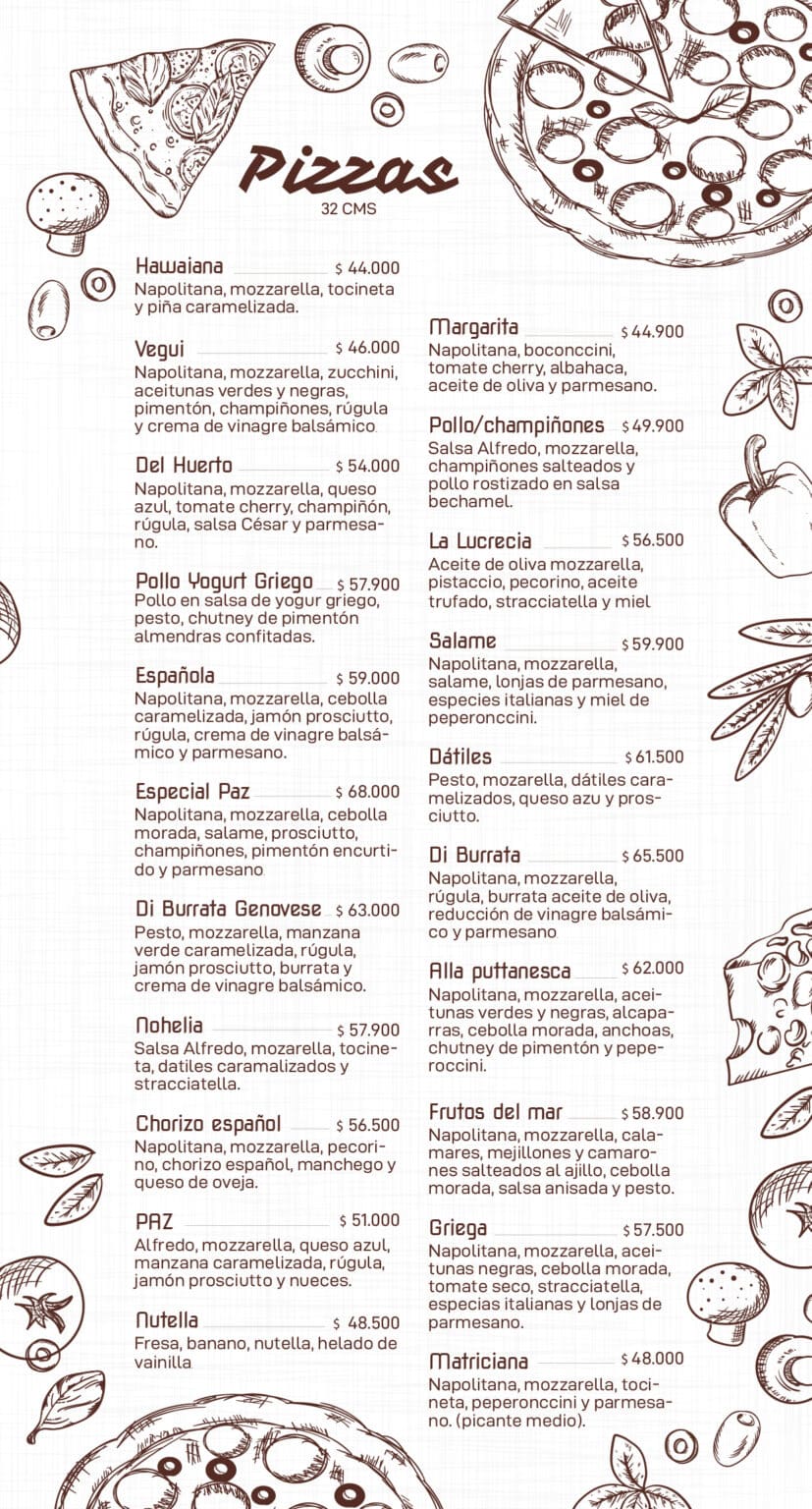 Carta Paz Restaurante Ibagué, Villavicencio, Neiva