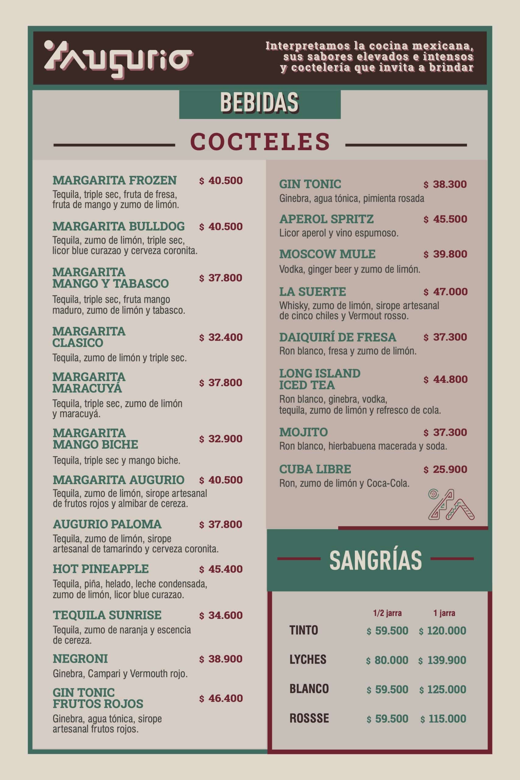 Carta de bebidas augurio cocteles