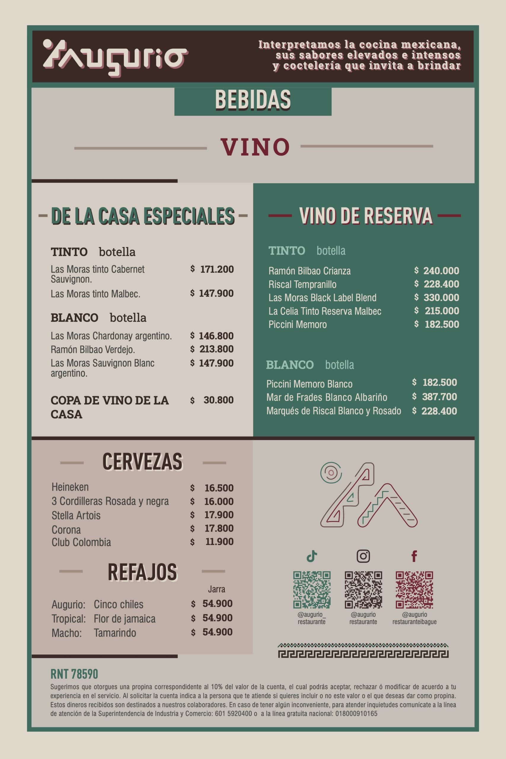 Carta de bebidas augurio
