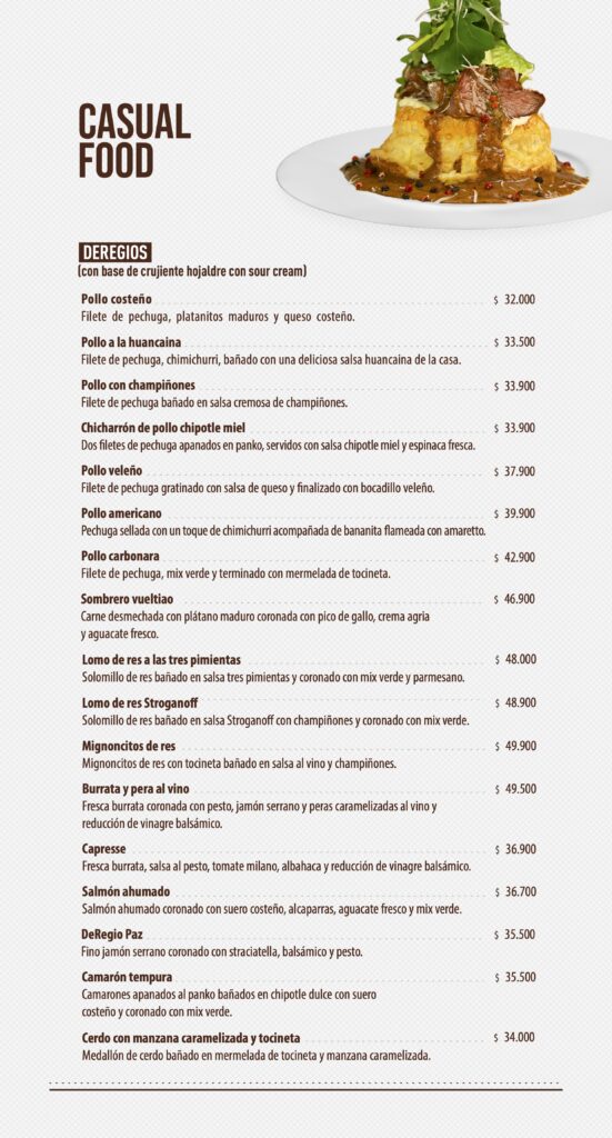 Carta DeRegio CasualFood Restaurante Ibagué