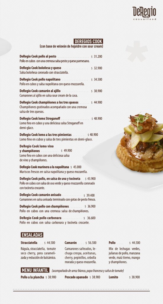 Carta DeRegio CasualFood Restaurante Ibagué