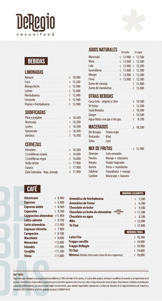 Carta DeRegio CasualFood Restaurante Ibagué