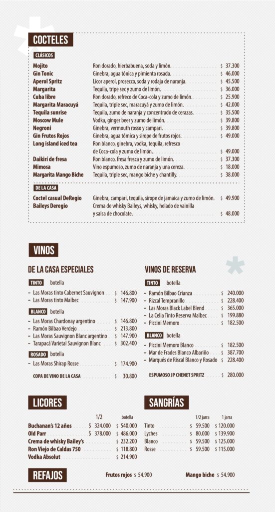 Carta DeRegio CasualFood Restaurante Ibagué