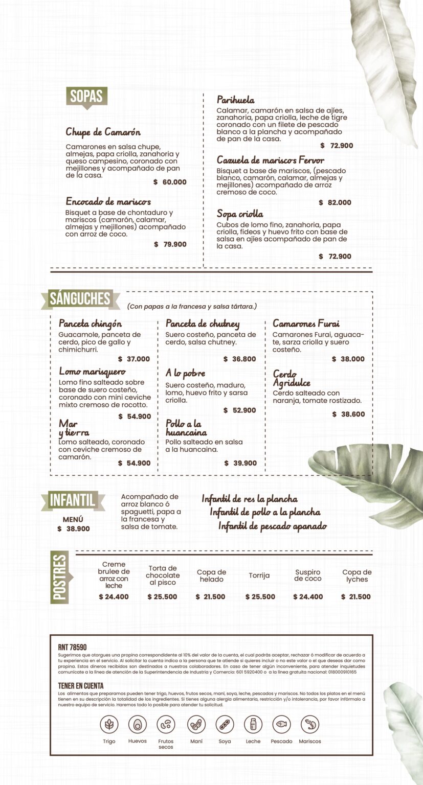 Carta Menú Restaurante Fervor