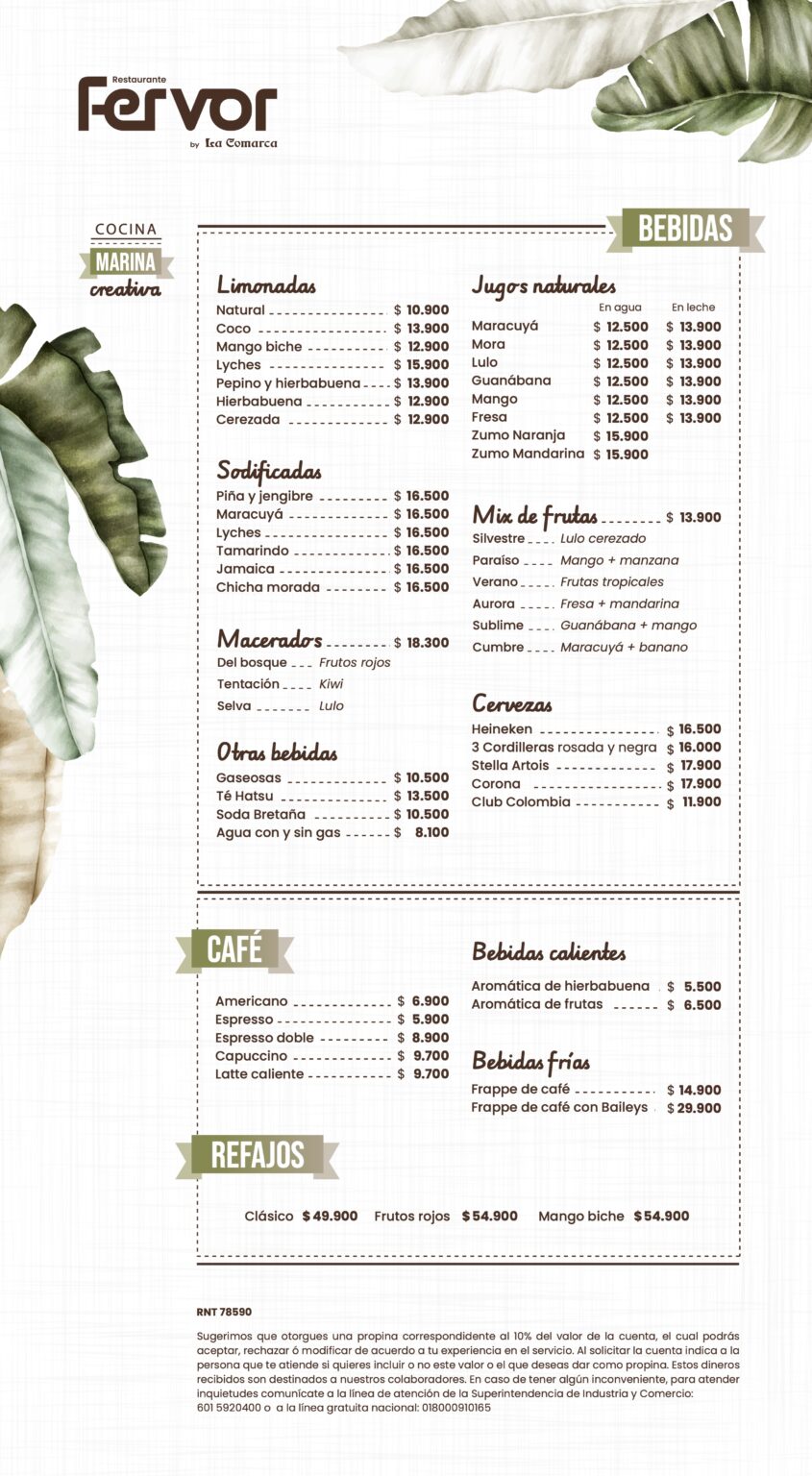 Carta Menú Restaurante Fervor