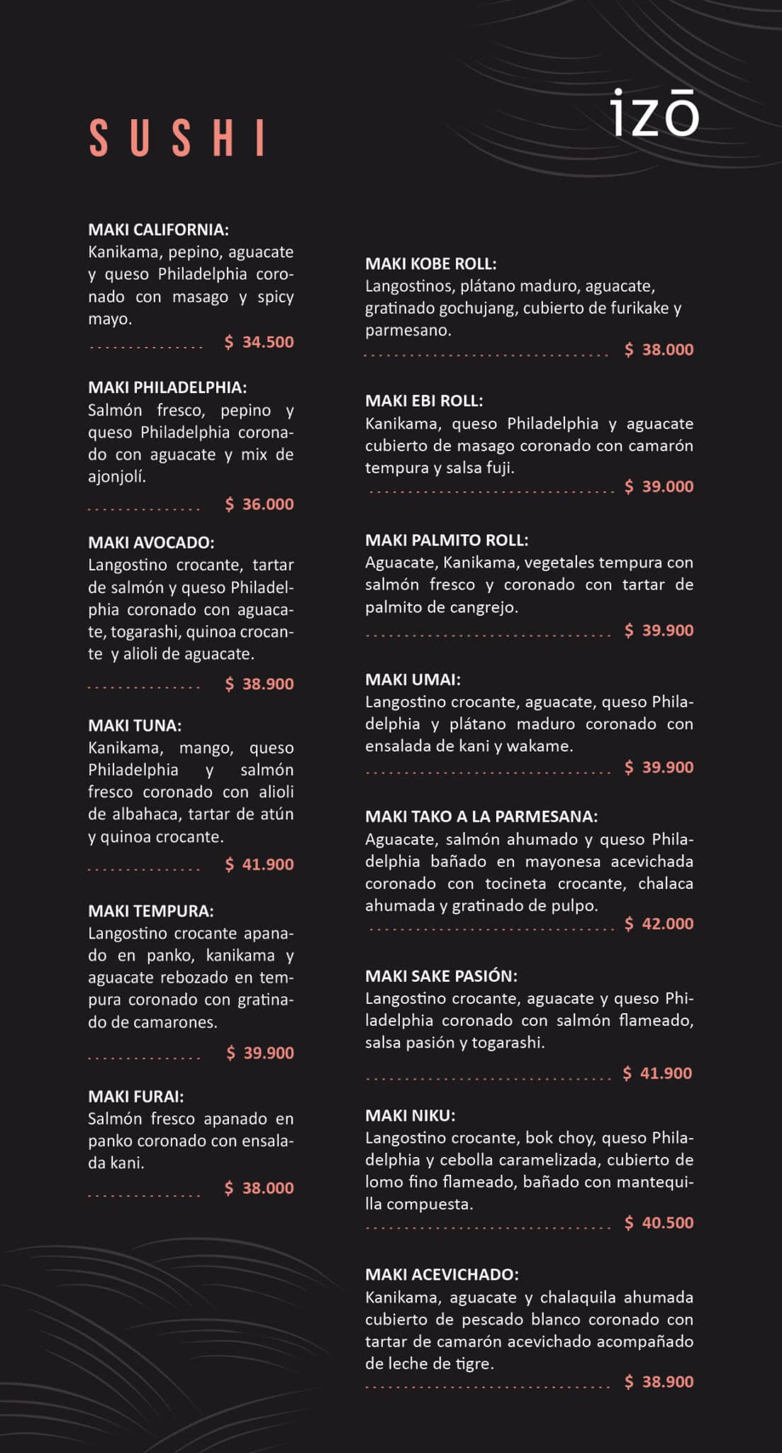 Carta Izo Restaurante Sushi Ibagué